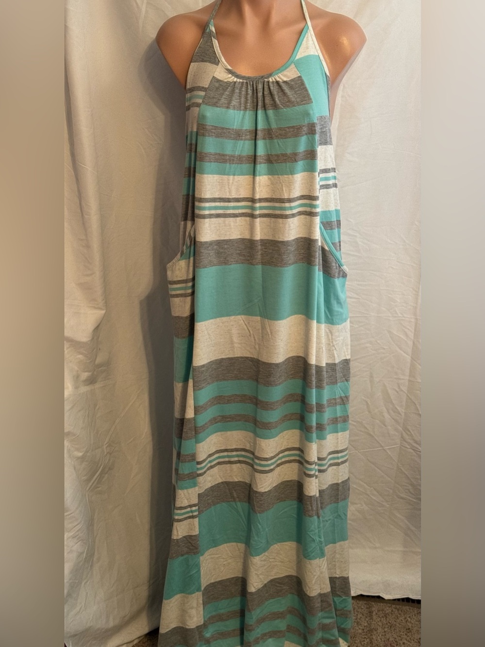 Striped Racerback Maxi Dress with Pockets in Aqua, Gray & White